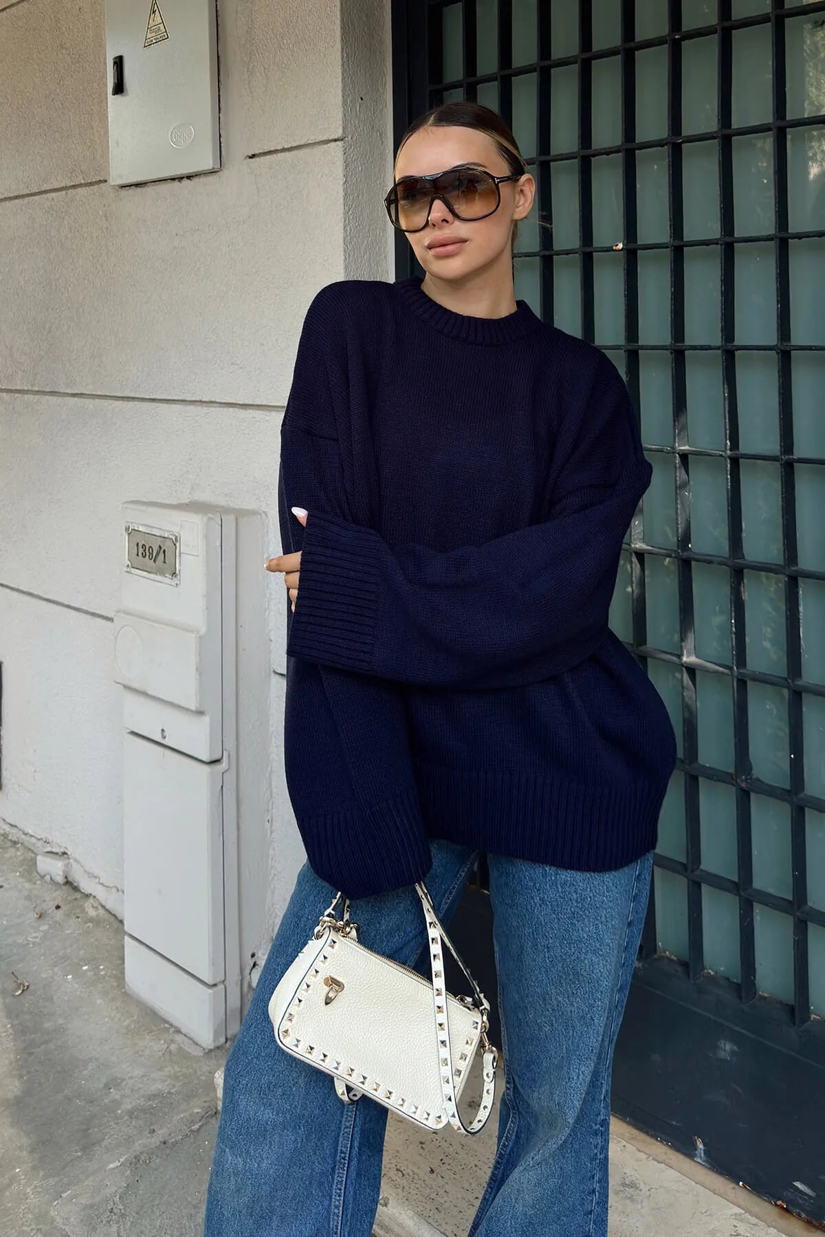 Lacivert Biscuit Bisiklet Yaka Oversize Kadın Triko Kazak
