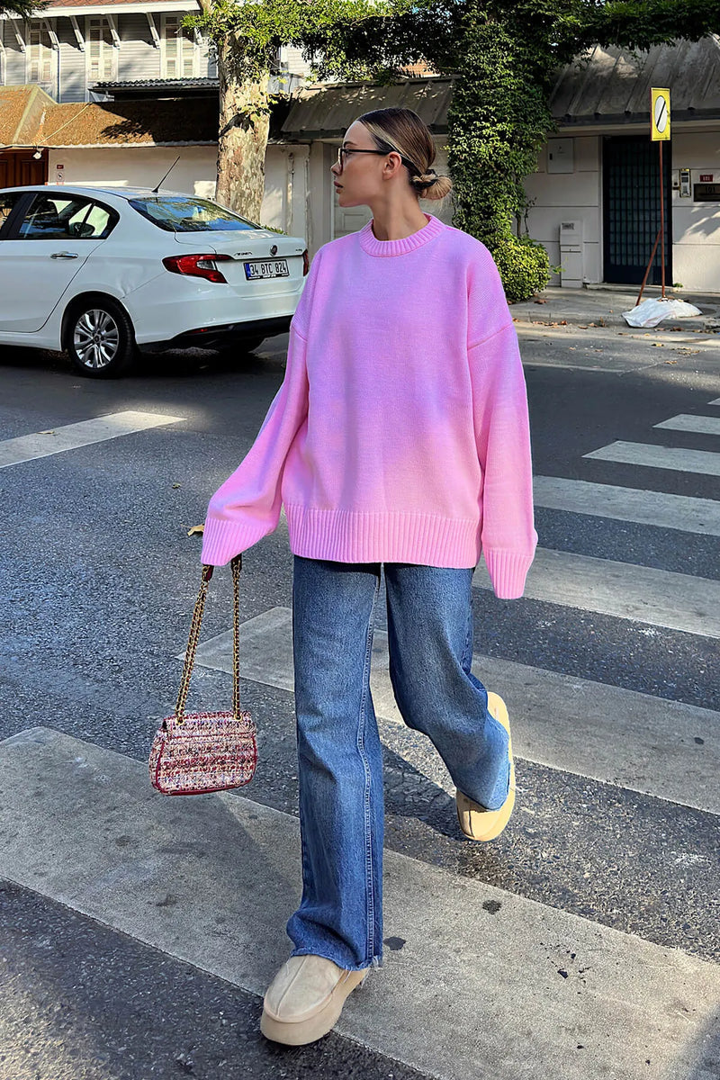 Pembe Biscuit Bisiklet Yaka Oversize Kadın Triko Kazak