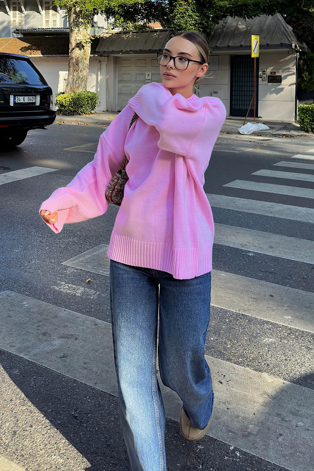 Pembe Biscuit Bisiklet Yaka Oversize Kadın Triko Kazak