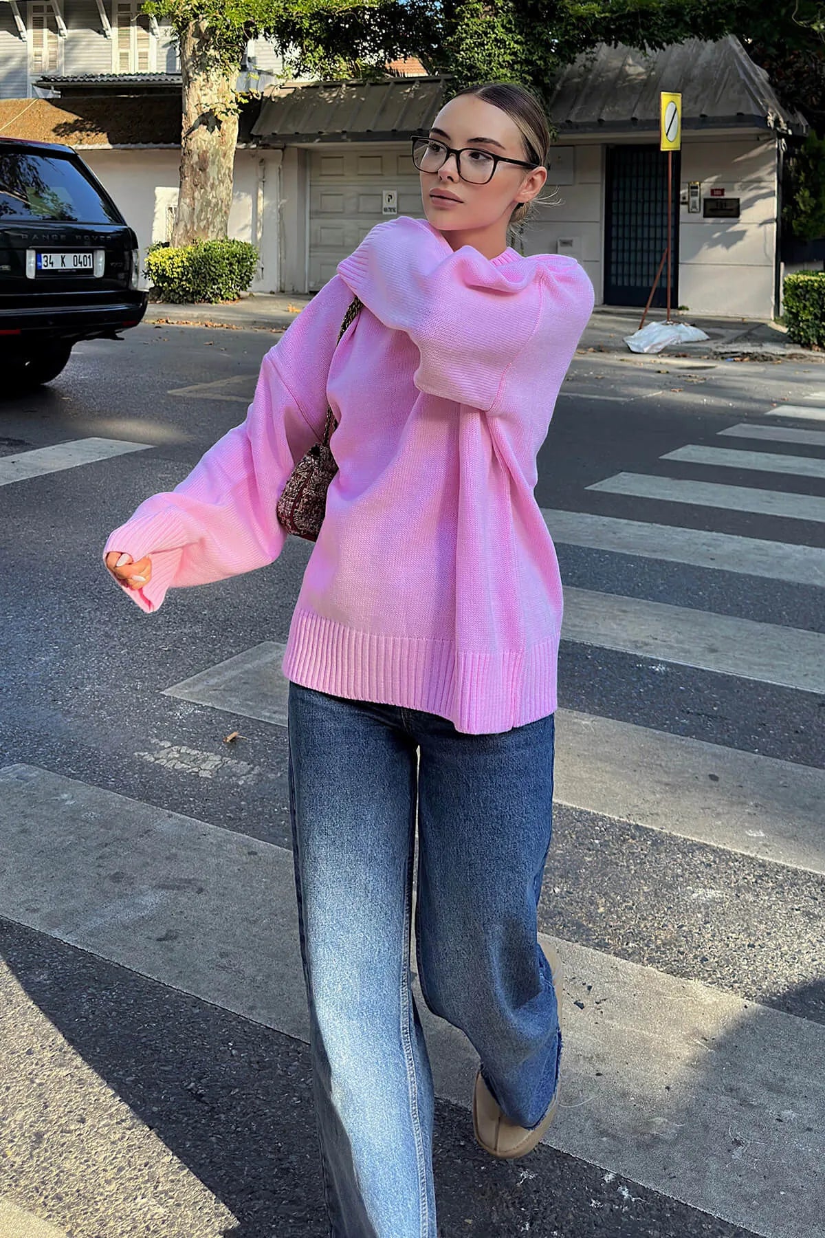 Pembe Biscuit Bisiklet Yaka Oversize Kadın Triko Kazak