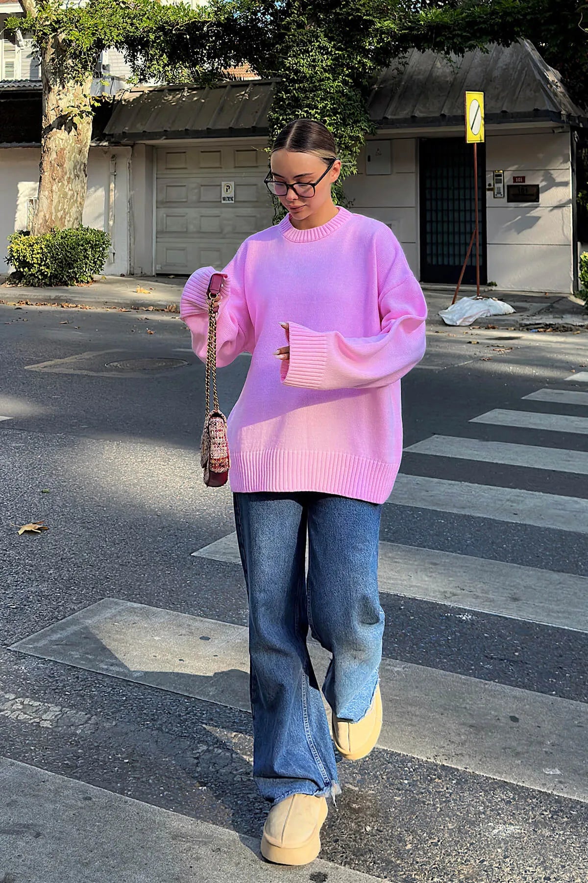 Pembe Biscuit Bisiklet Yaka Oversize Kadın Triko Kazak