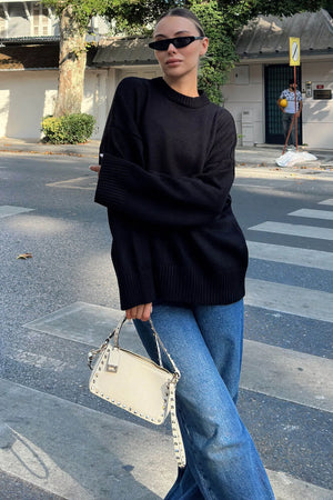 Siyah Biscuit Bisiklet Yaka Oversize Kadın Triko Kazak