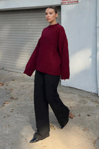 Bordo Biscuit Bisiklet Yaka Oversize Kadın Triko Kazak