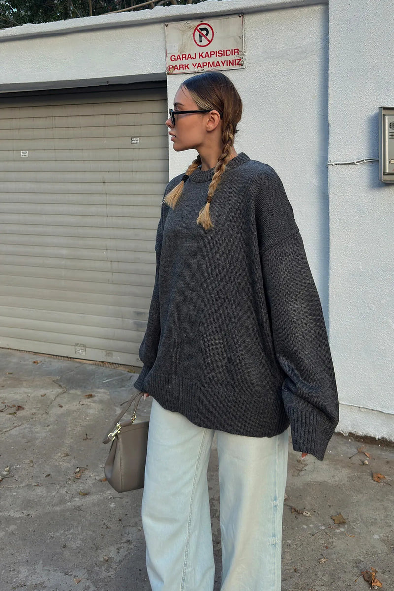 Füme Biscuit Bisiklet Yaka Oversize Kadın Triko Kazak