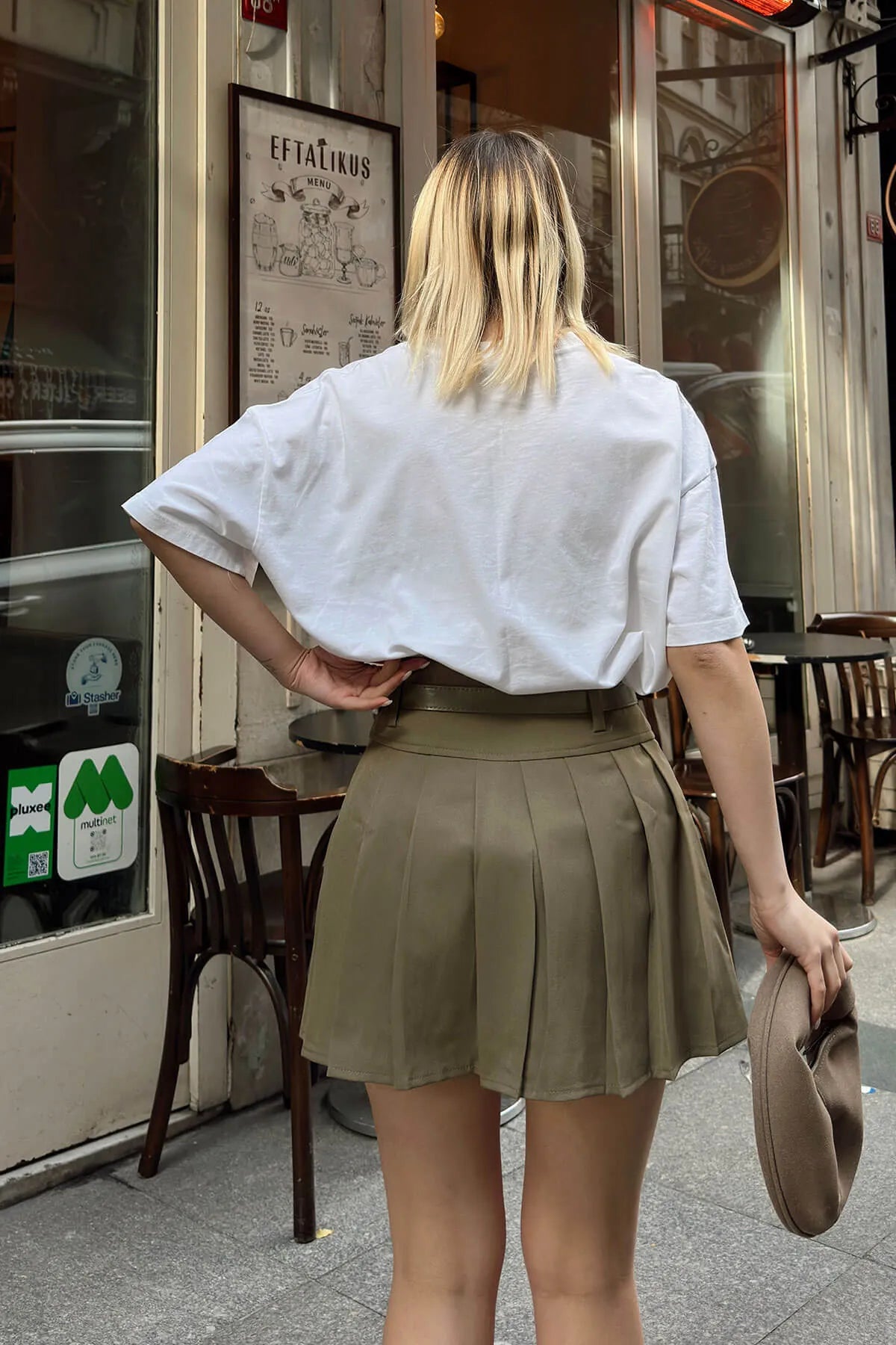 Haki Full Pileli Kemerli Astar Şortlu Kadın Mini Etek