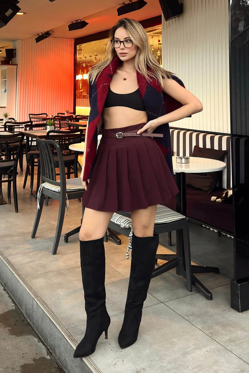 Bordo Full Pileli Kemerli Astar Şortlu Kadın Mini Etek