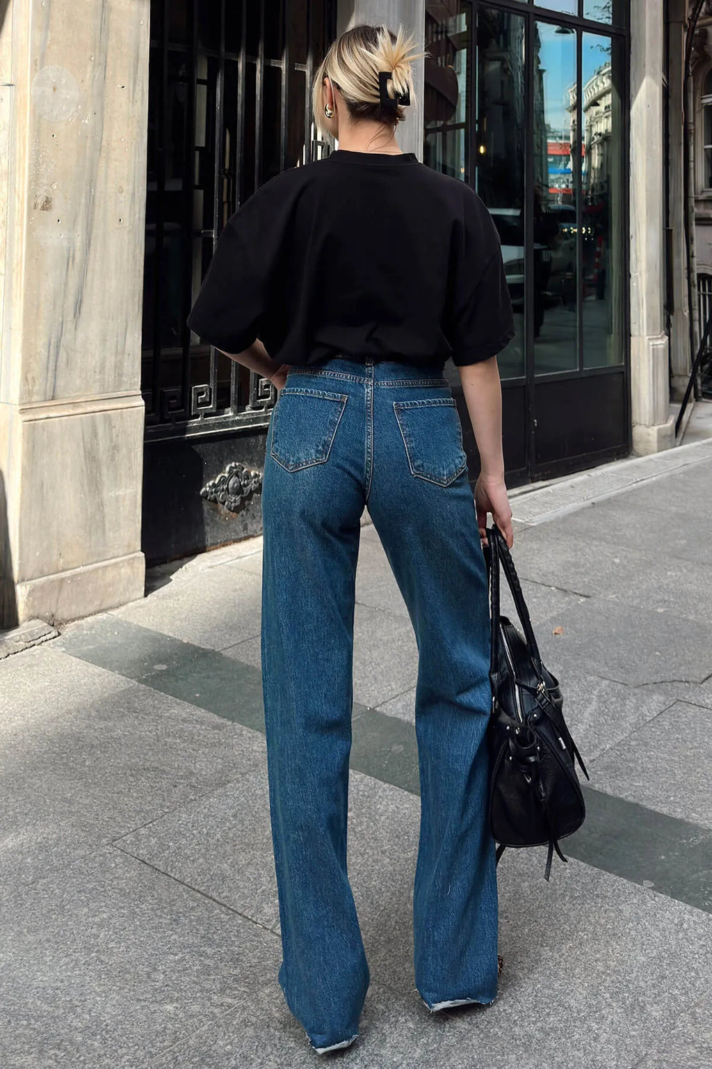 Lacivert Paça Detaylı Yüksek Bel Wide Leg Kadın Jean