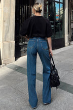 Lacivert Paça Detaylı Yüksek Bel Wide Leg Kadın Jean