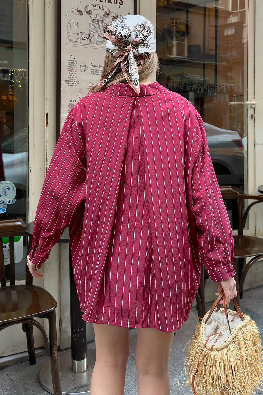 Bordo Zis Çizgili A Pile Tek Cepli Kadın Oversize Gömlek