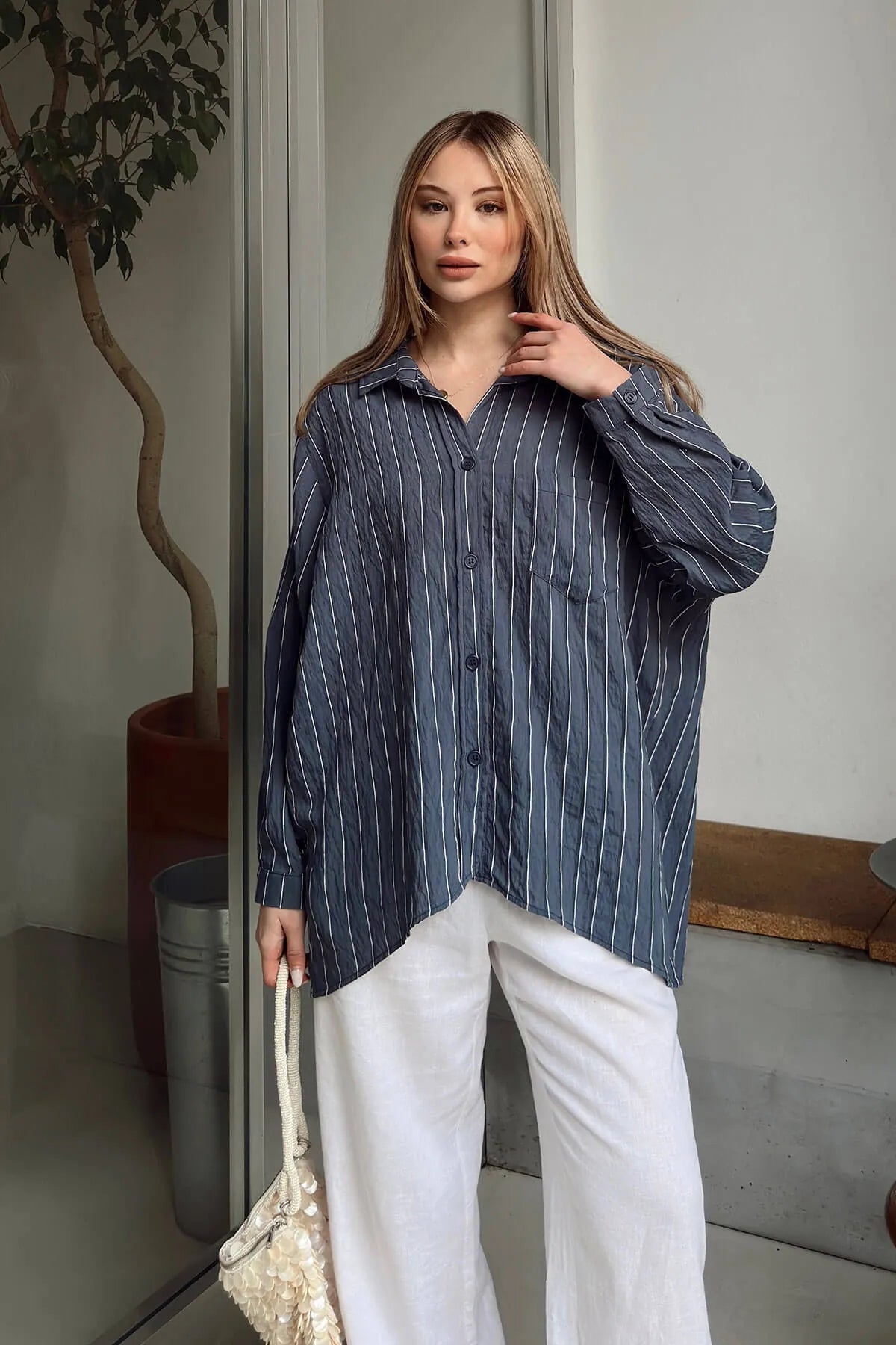 Füme Zis Çizgili A Pile Tek Cepli Kadın Oversize Gömlek
