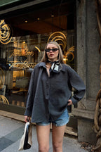Füme Due Oversize Modal A Pile Tek Cepli Kadın Gömlek