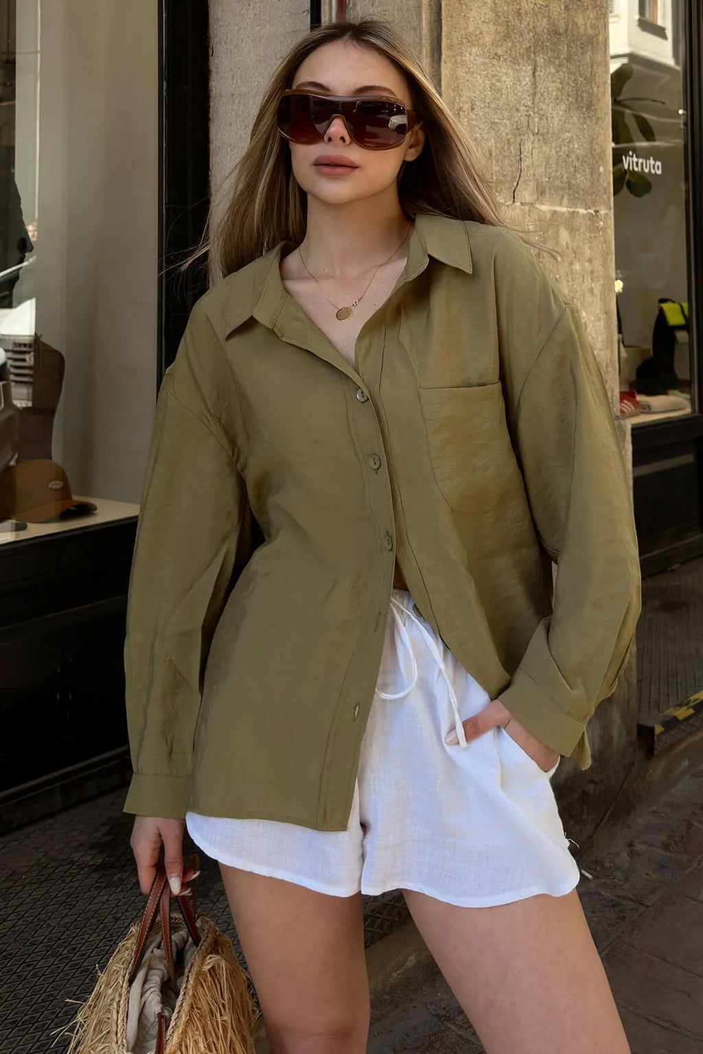 Haki Due Oversize Modal A Pile Tek Cepli Kadın Gömlek