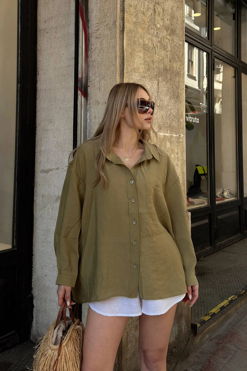 Haki Due Oversize Modal A Pile Tek Cepli Kadın Gömlek