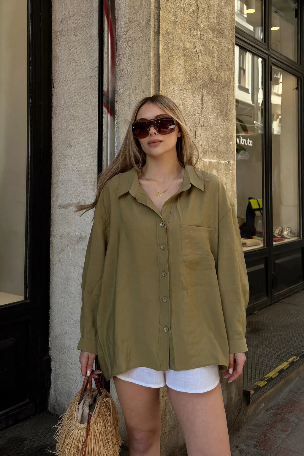 Haki Due Oversize Modal A Pile Tek Cepli Kadın Gömlek
