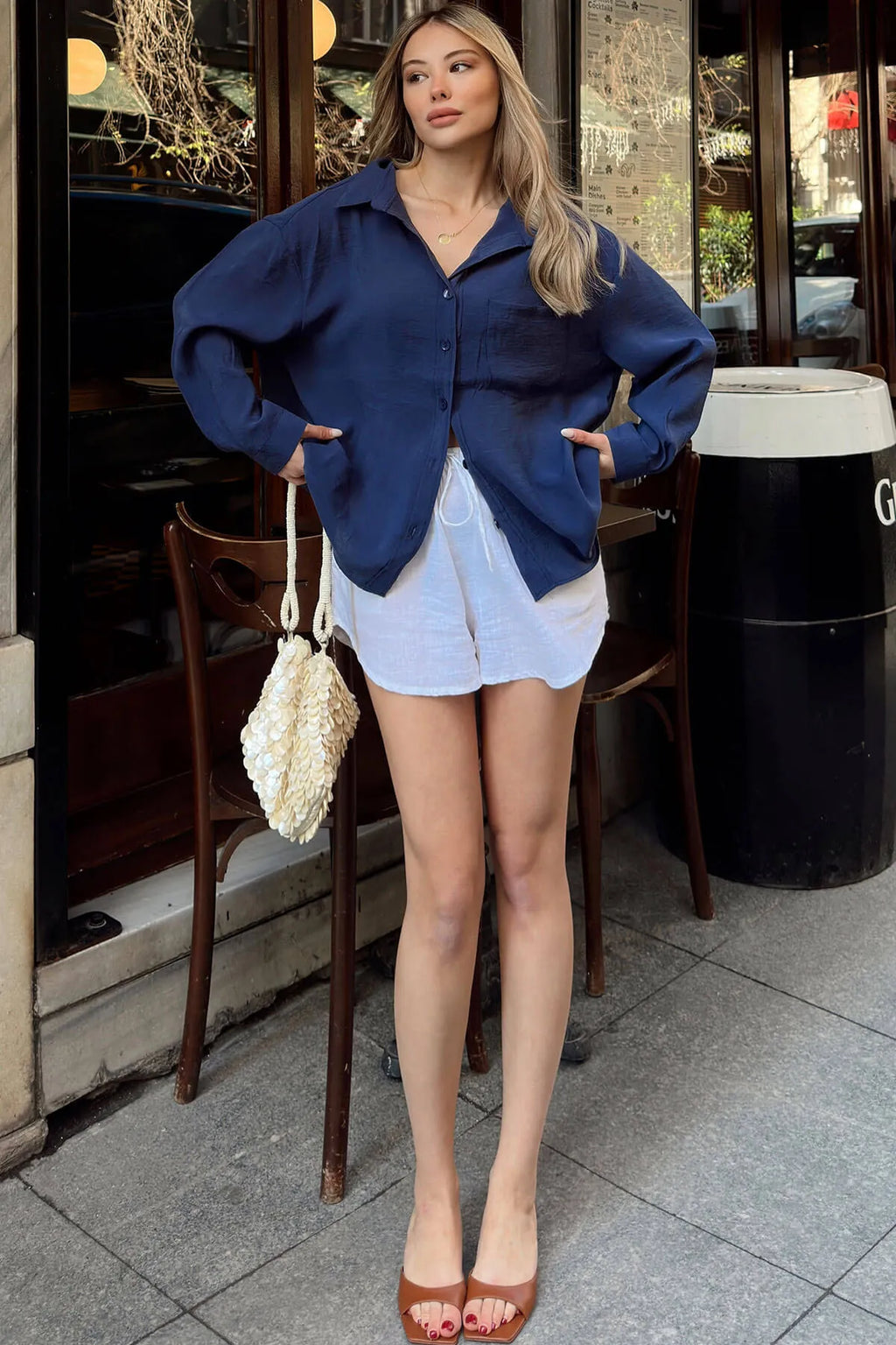 Lacivert Due Oversize Modal A Pile Tek Cepli Kadın Gömlek