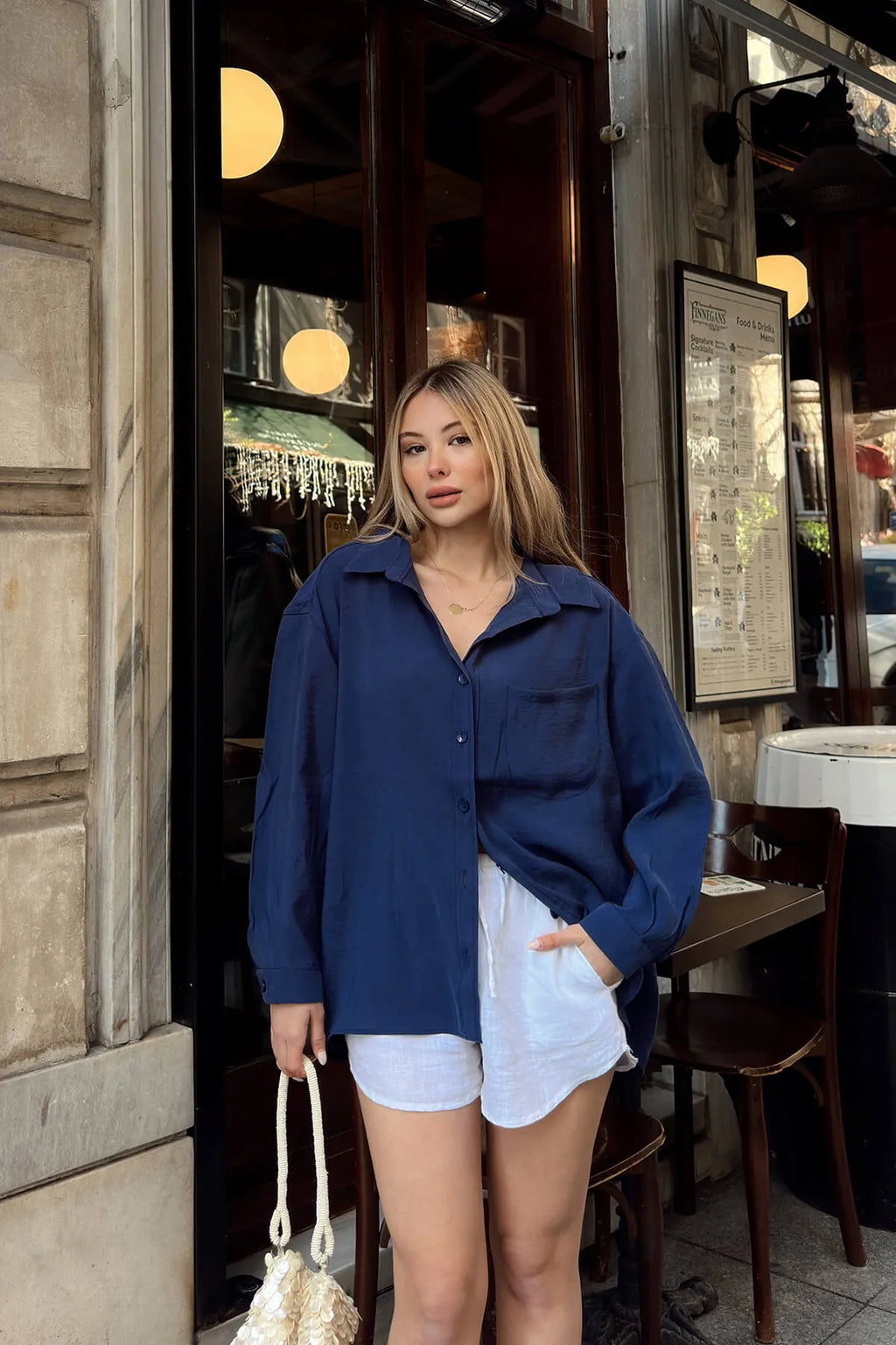 Lacivert Due Oversize Modal A Pile Tek Cepli Kadın Gömlek