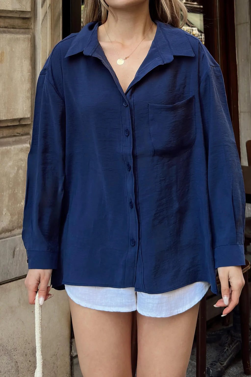 Lacivert Due Oversize Modal A Pile Tek Cepli Kadın Gömlek