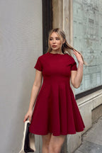 Bordo Kısa Kol Bisiklet Yaka Volanlı Kadın Mini Elbise