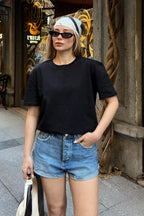 Siyah Basic Bisiklet Yaka Modal Kumaş Kadın T-shirt