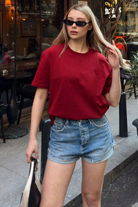 Bordo Basic Bisiklet Yaka Modal Kumaş Kadın T-shirt