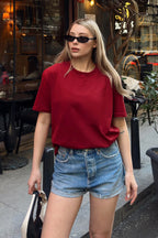 Bordo Basic Bisiklet Yaka Modal Kumaş Kadın T-shirt