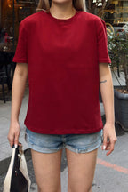 Bordo Basic Bisiklet Yaka Modal Kumaş Kadın T-shirt