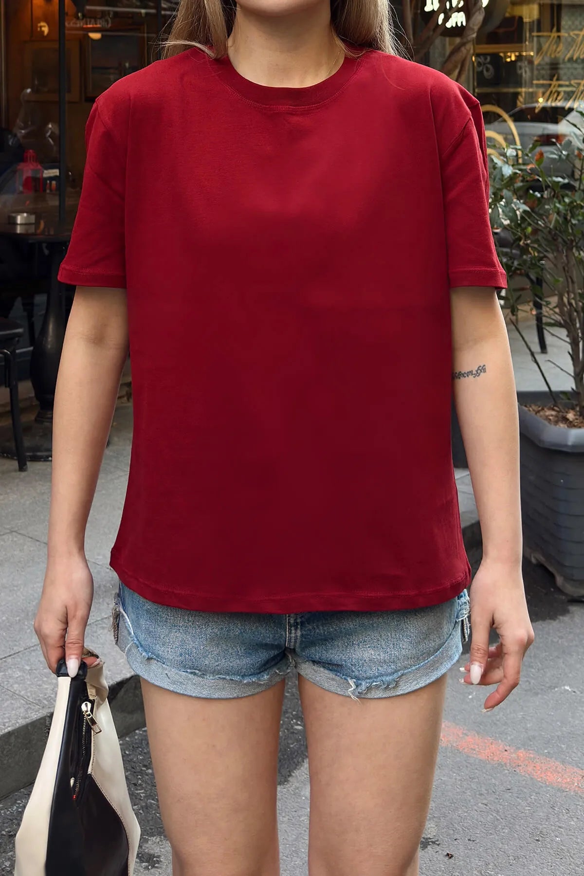 Bordo Basic Bisiklet Yaka Modal Kumaş Kadın T-shirt
