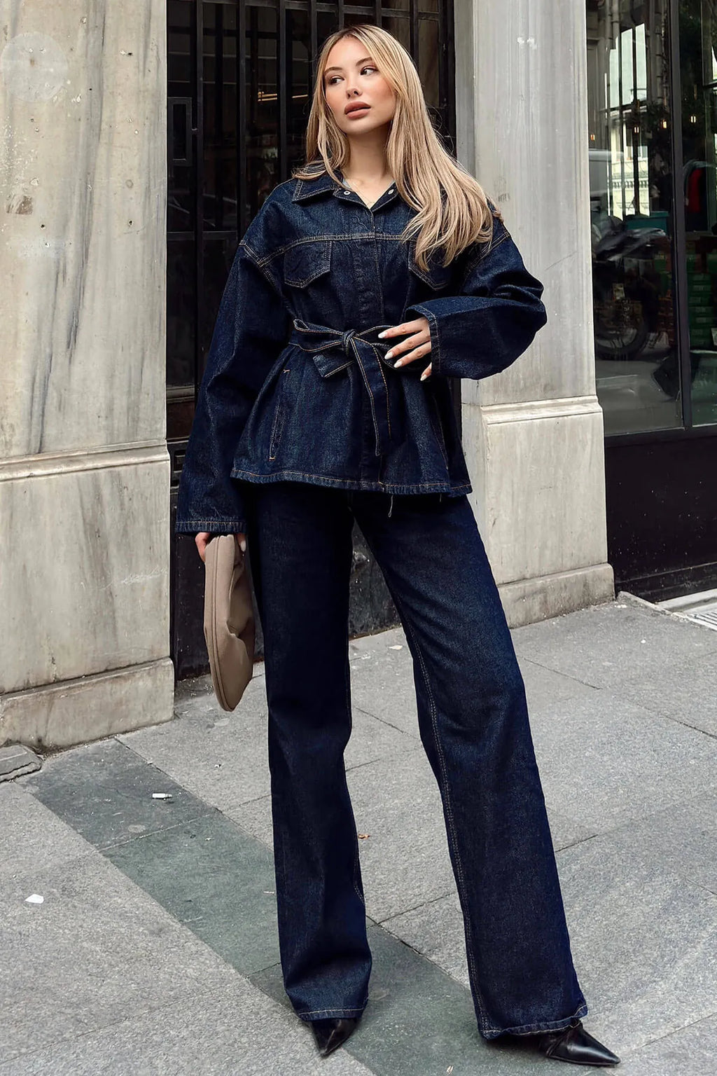 Lacivert Kuşaklı Ceket Pantolon Kadın Denim Alt Üst Takım