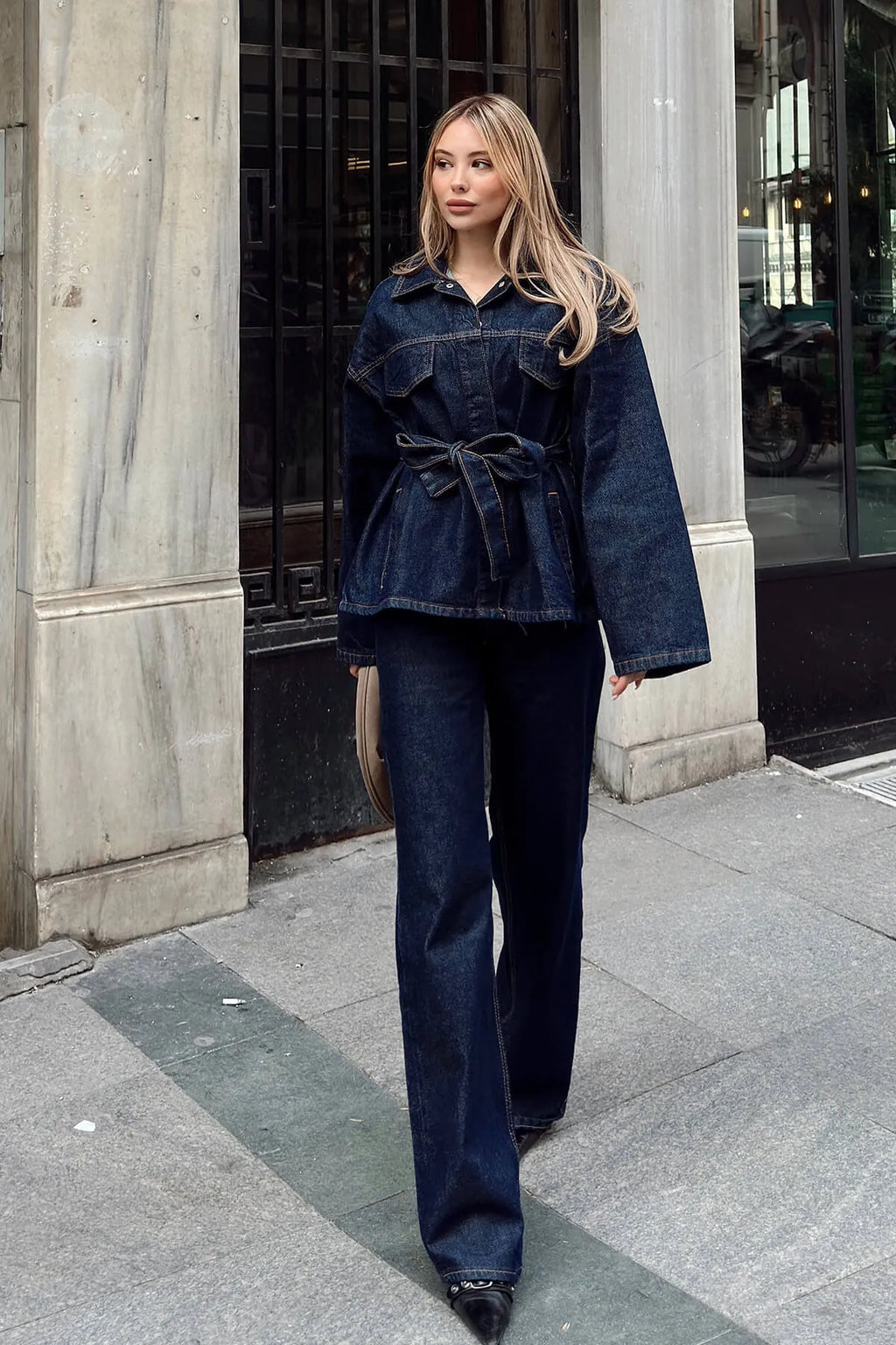 Lacivert Kuşaklı Ceket Pantolon Kadın Denim Alt Üst Takım