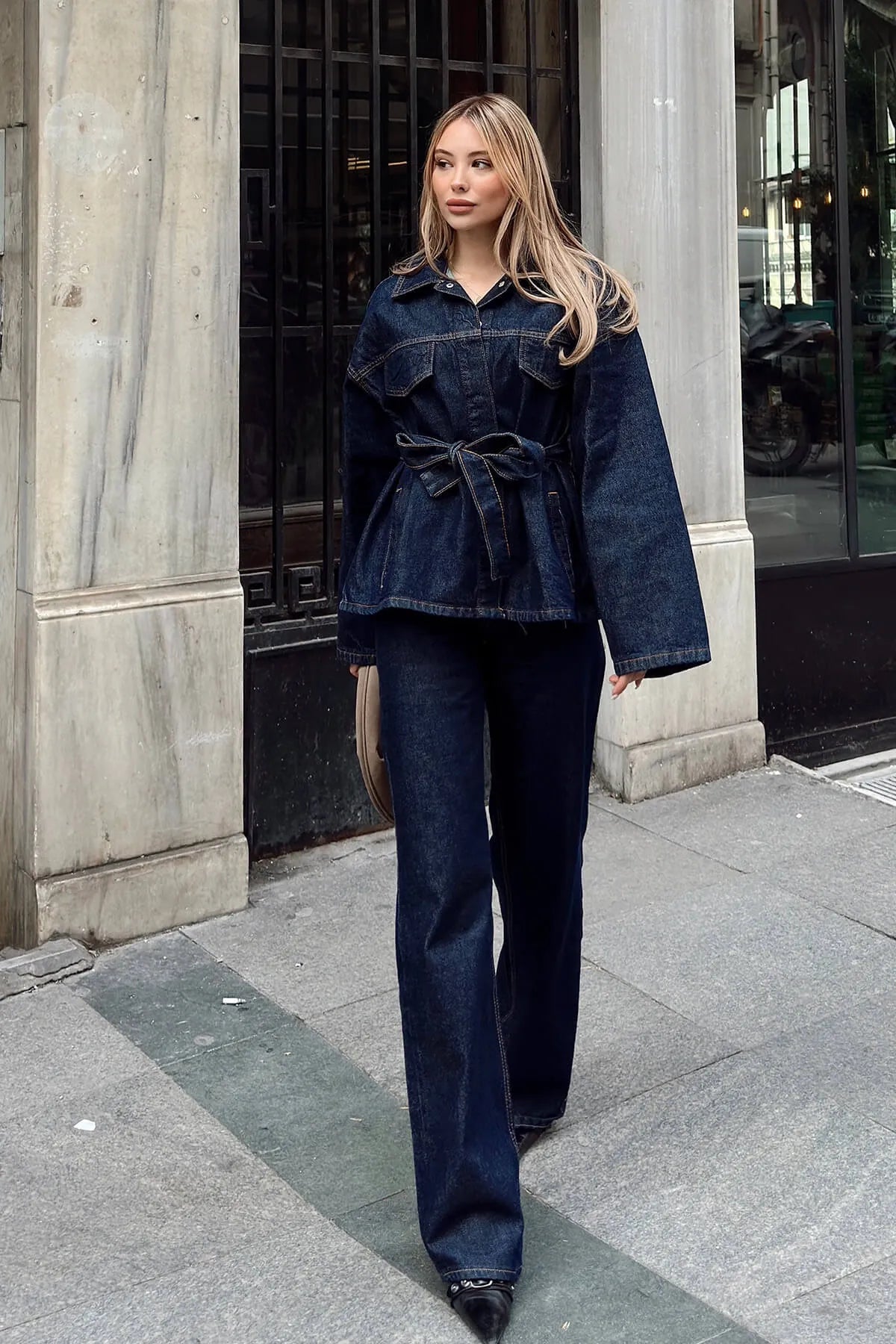 Lacivert Kuşaklı Ceket Pantolon Kadın Denim Alt Üst Takım