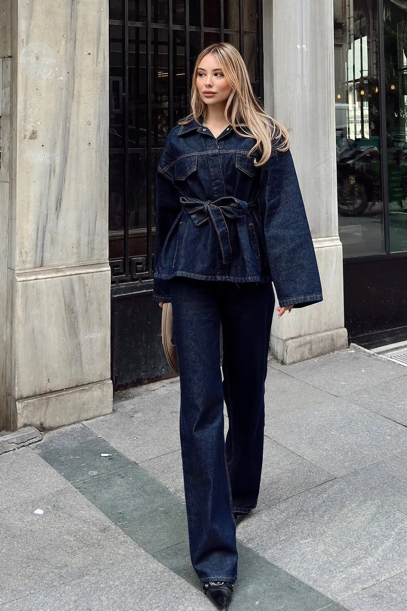 Lacivert Kuşaklı Ceket Pantolon Kadın Denim Alt Üst Takım