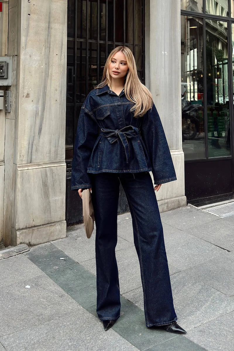 Lacivert Kuşaklı Ceket Pantolon Kadın Denim Alt Üst Takım