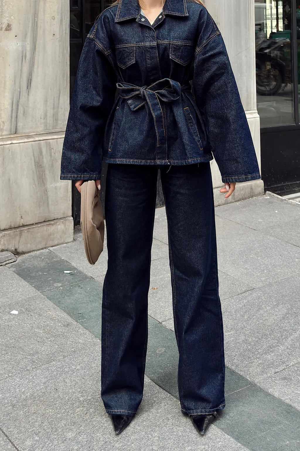 Lacivert Kuşaklı Ceket Pantolon Kadın Denim Alt Üst Takım