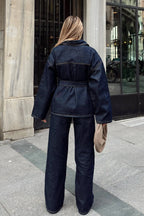 Lacivert Kuşaklı Ceket Pantolon Kadın Denim Alt Üst Takım