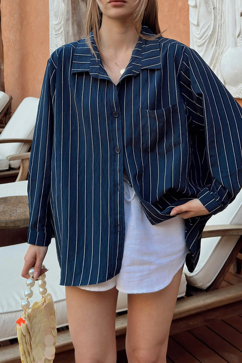 Lacivert Zis Çizgili A Pile Tek Cepli Kadın Oversize Gömlek