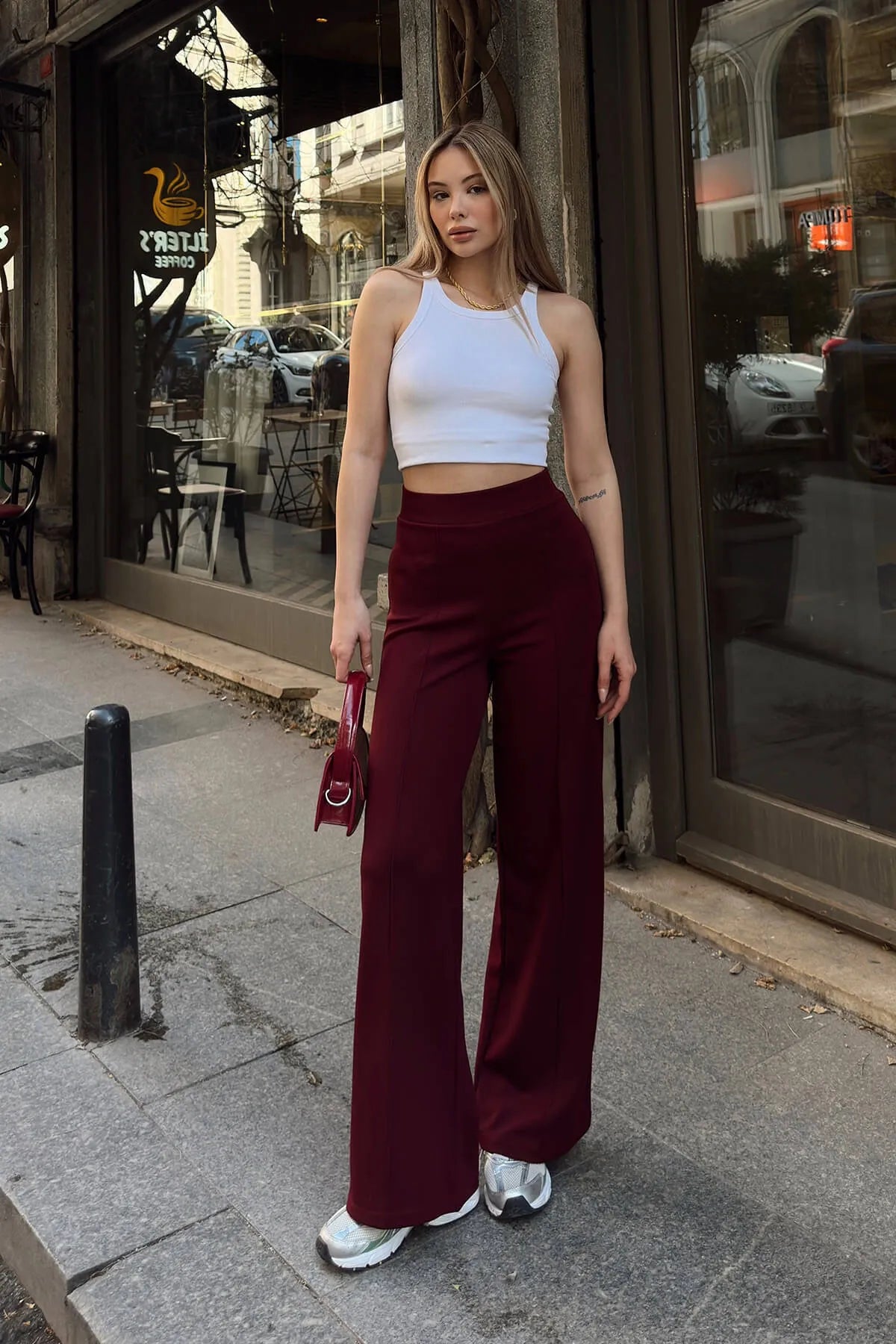 Bordo Yüksek Bel Lastikli Çima Detay Geniş Paça Kadın Eşofman Altı