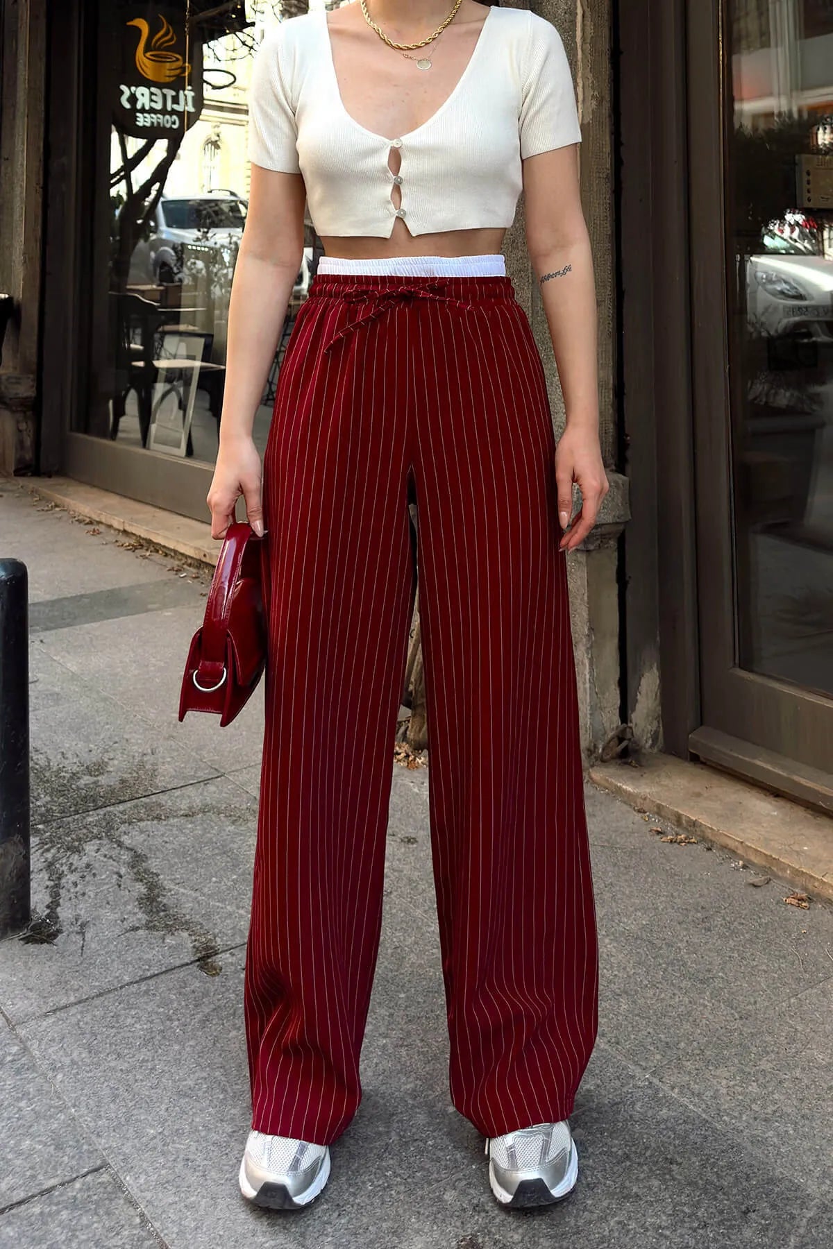 Bordo Çizgili Maskülen Bağlamalı Kadın Pantolon