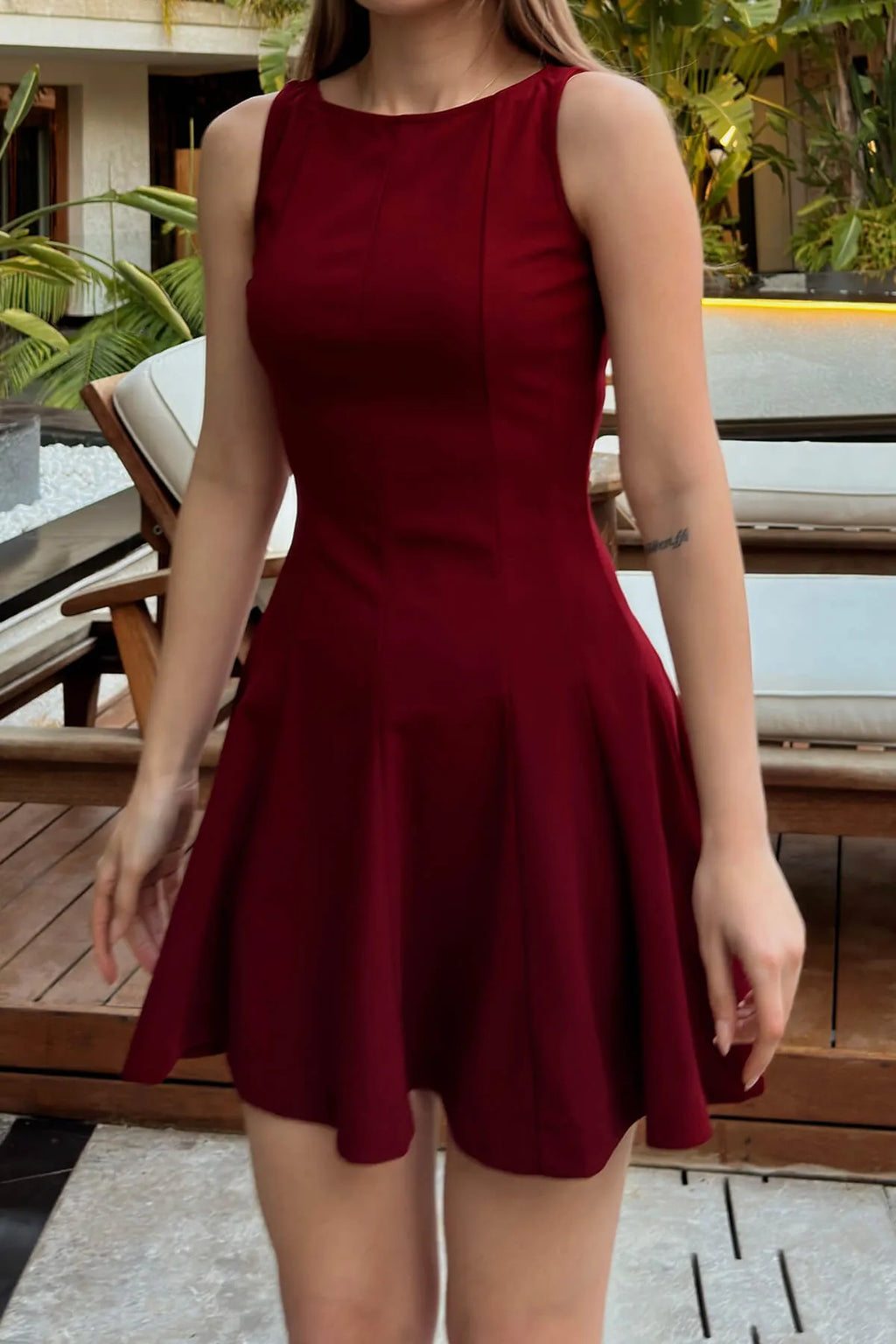 Bordo Sıfır Kol Volanlı Kadın Mini Elbise
