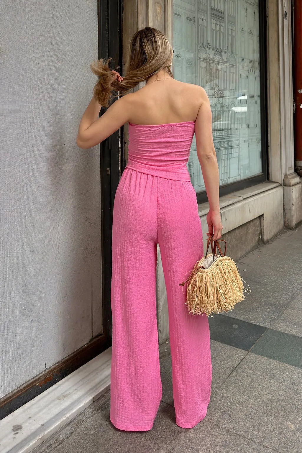 Pembe Straplez Asimetrik Crop-Pantolon Bürümcük Kadın Altı Üst Takım