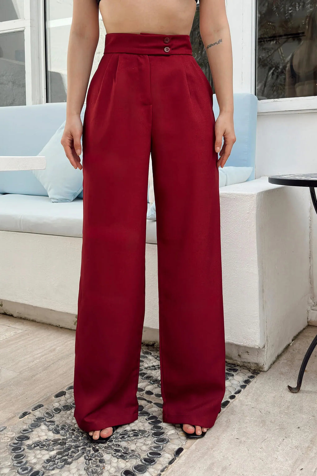 Bordo Çift Düğmeli Pileli Kadın Palazzo Keten Pantolon