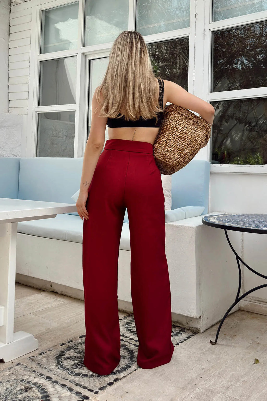 Bordo Çift Düğmeli Pileli Kadın Palazzo Keten Pantolon