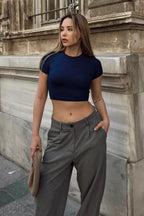 Lacivert Ulya Bisiklet Yaka Kısa Kol Kadın Crop T-shirt