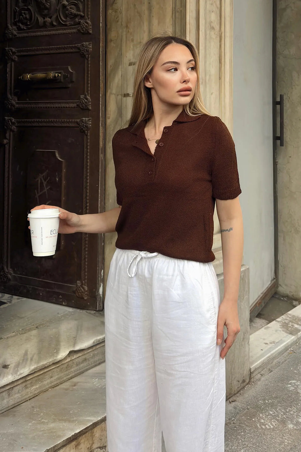 Kahverengi Marie Polo Yaka Kadın Triko Bluz