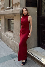 Bordo Sassy Kolsuz Bel Drapeli Yırtmaçlı Kadın Elbise