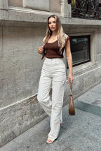 Bej Paça Detaylı Yüksek Bel Wide Leg Kadın Jean