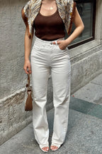 Bej Paça Detaylı Yüksek Bel Wide Leg Kadın Jean