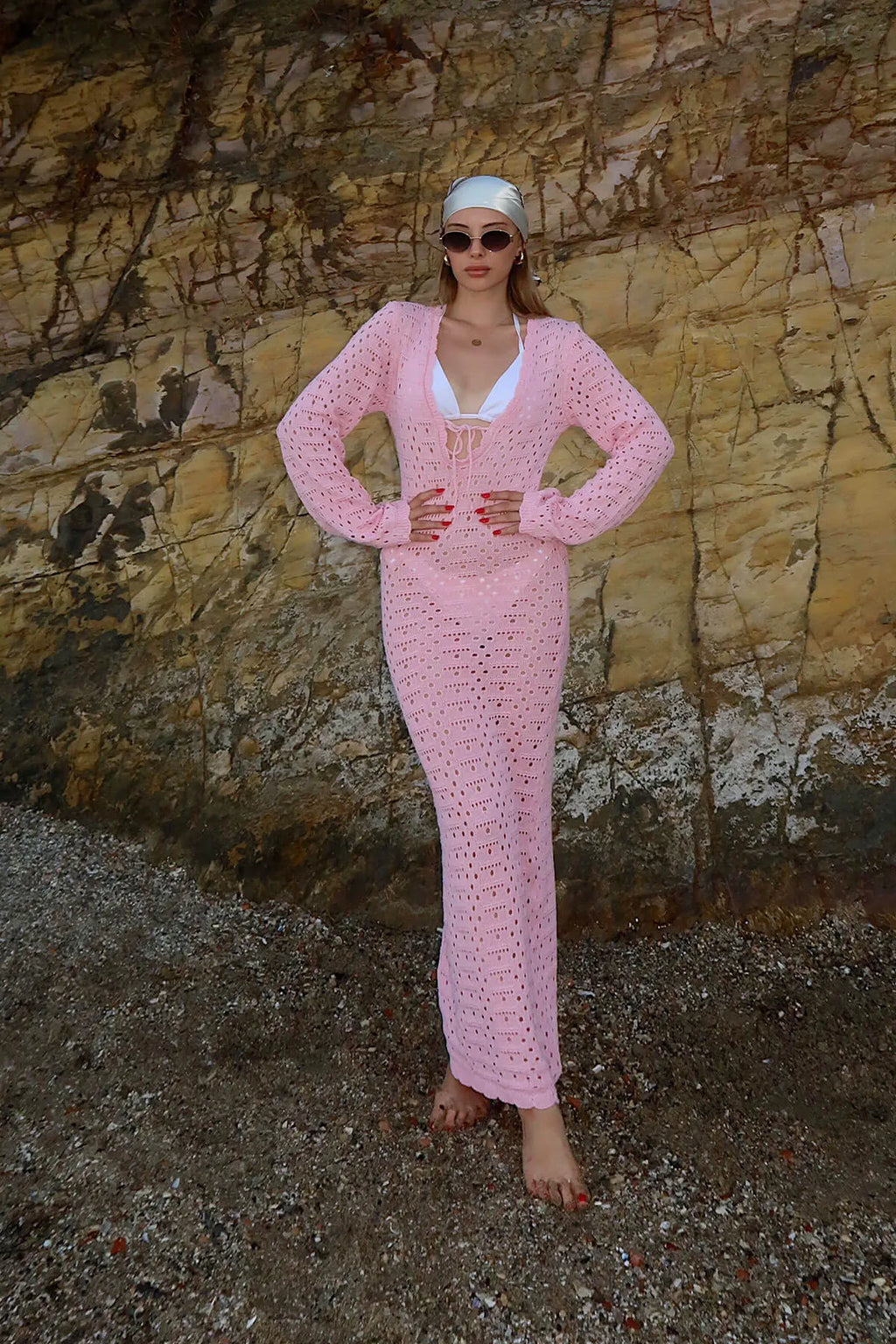 Pembe Keira Yakası Bağlama Detay Ajurlu Kadın Triko Plaj Midi Elbise