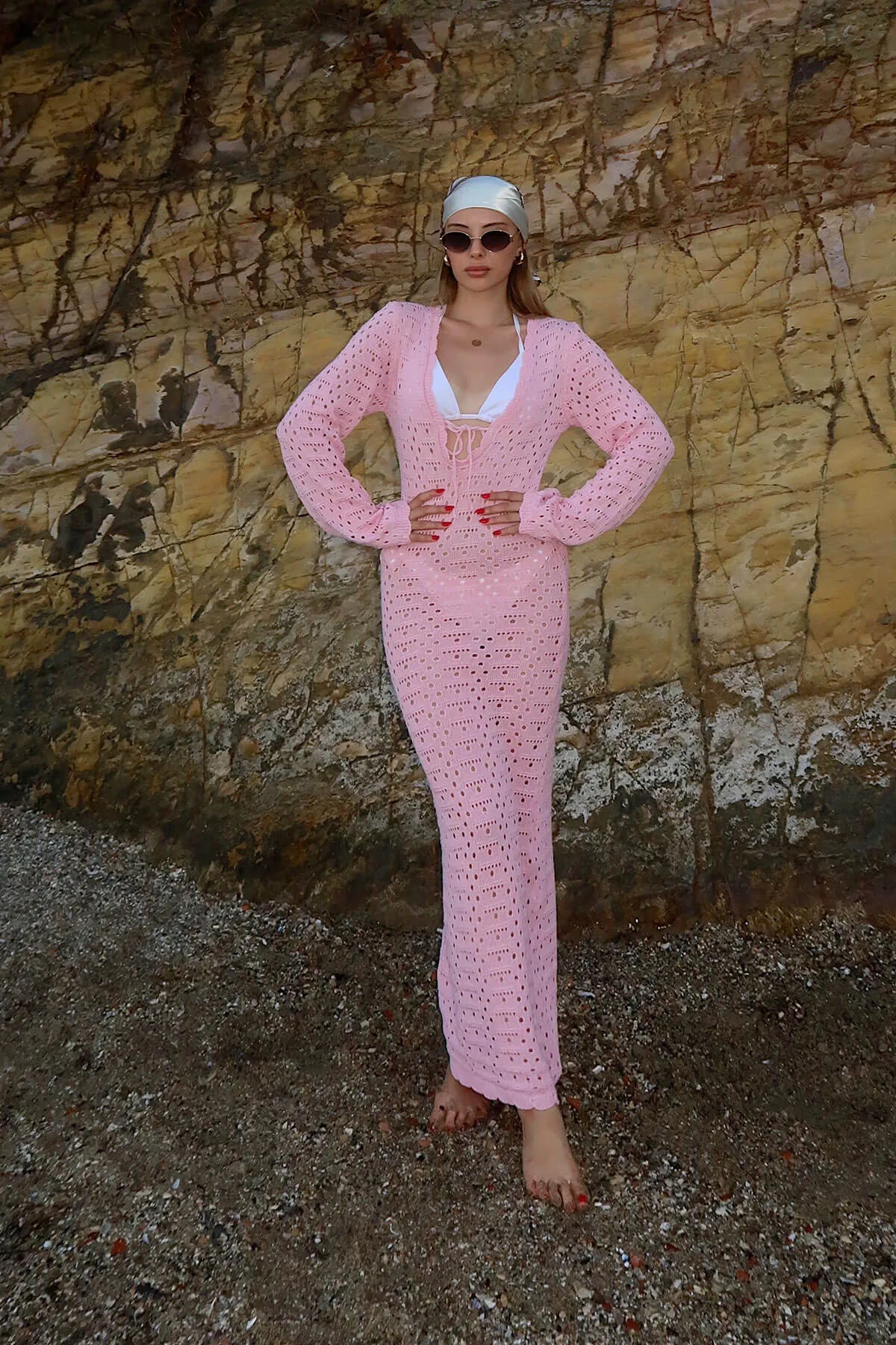 Pembe Keira Yakası Bağlama Detay Ajurlu Kadın Triko Plaj Midi Elbise