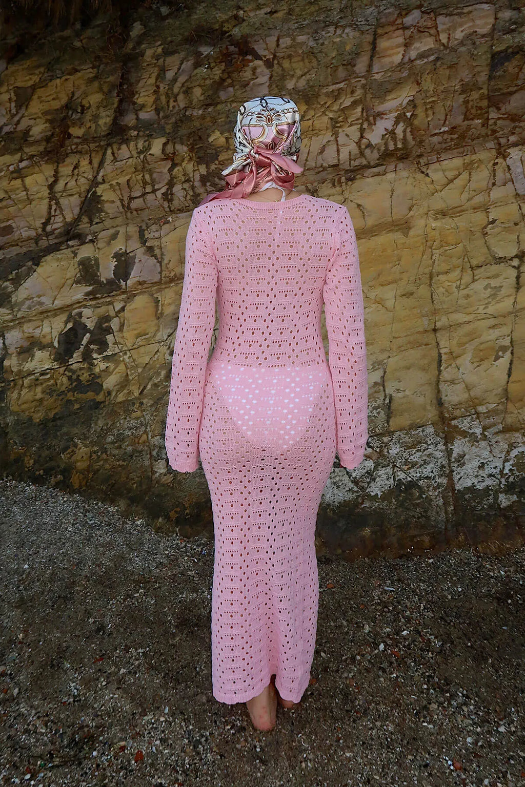 Pembe Keira Yakası Bağlama Detay Ajurlu Kadın Triko Plaj Midi Elbise