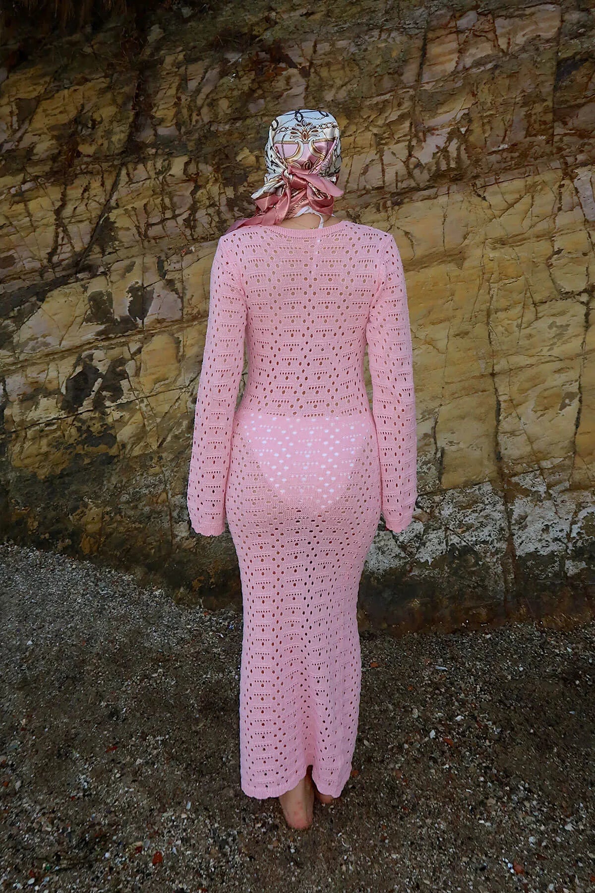 Pembe Keira Yakası Bağlama Detay Ajurlu Kadın Triko Plaj Midi Elbise